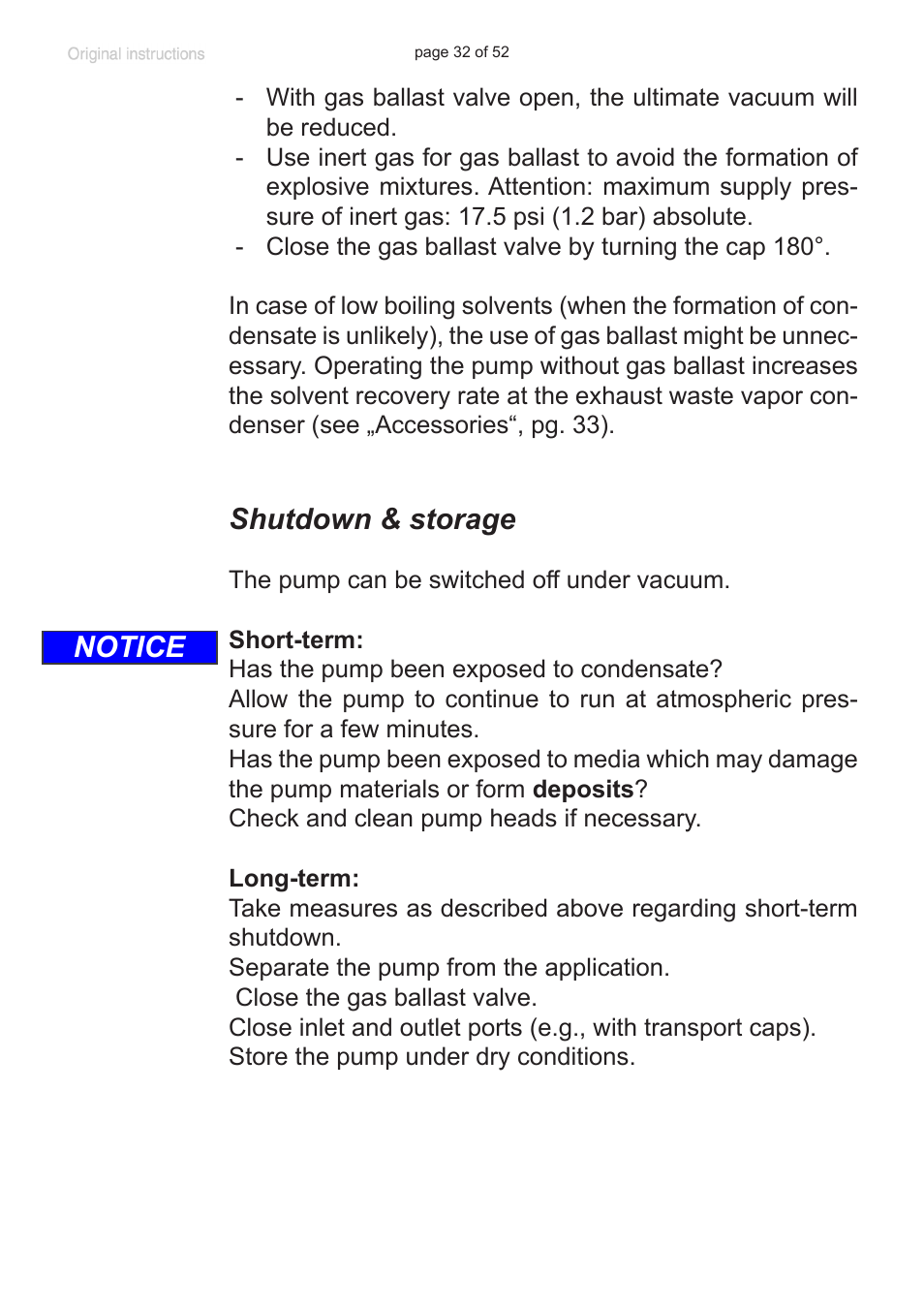 Shutdown & storage, Notice | VACUUBRAND MZ 8C User Manual | Page 32 / 52