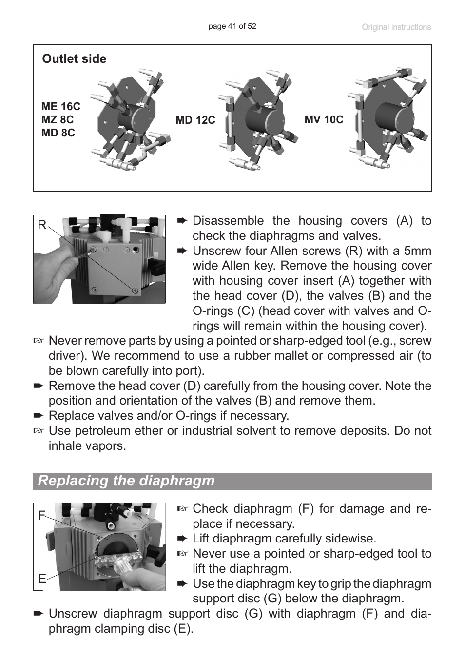 Replacing the diaphragm | VACUUBRAND MZ 8C User Manual | Page 41 / 52