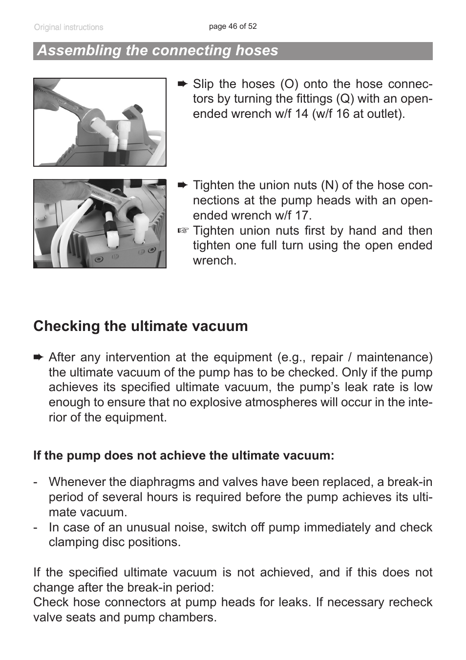 Assembling the connecting hoses, Checking the ultimate vacuum | VACUUBRAND MZ 8C User Manual | Page 46 / 52