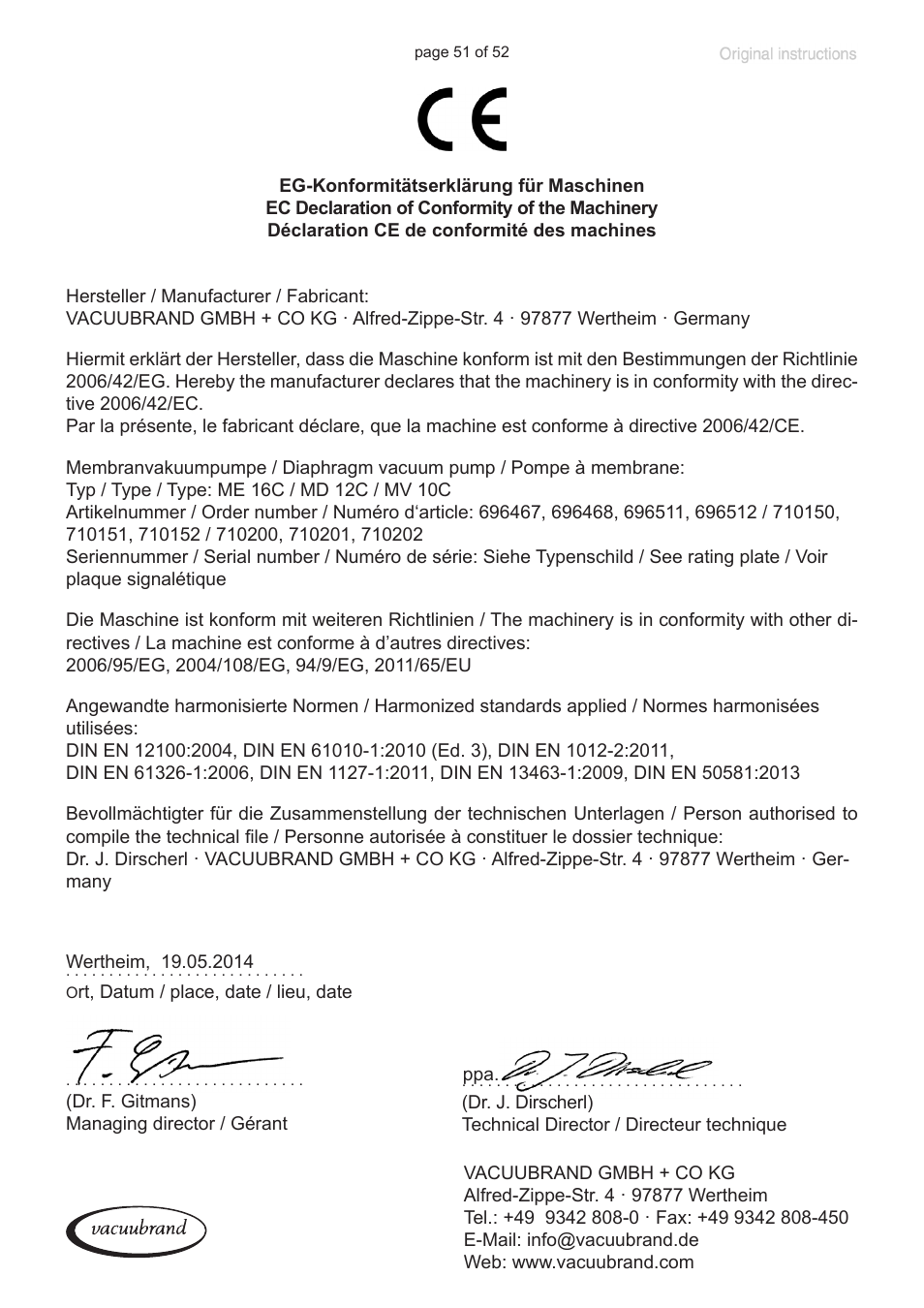 Ec declaration of conformity of the machinery | VACUUBRAND MZ 8C User Manual | Page 51 / 52