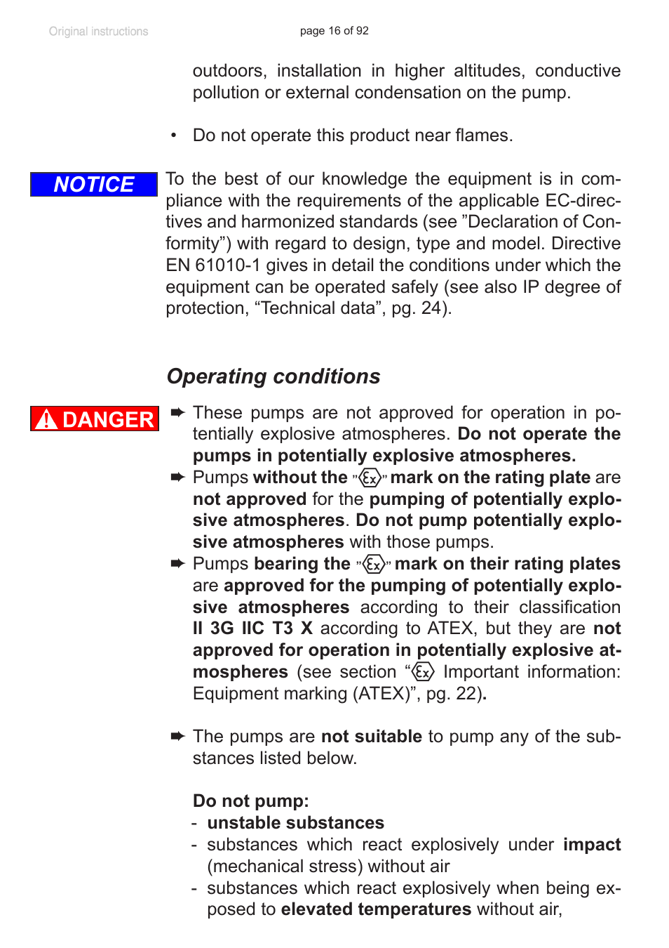 Operating conditions, Notice | VACUUBRAND MV 10C NT + EK User Manual | Page 16 / 92