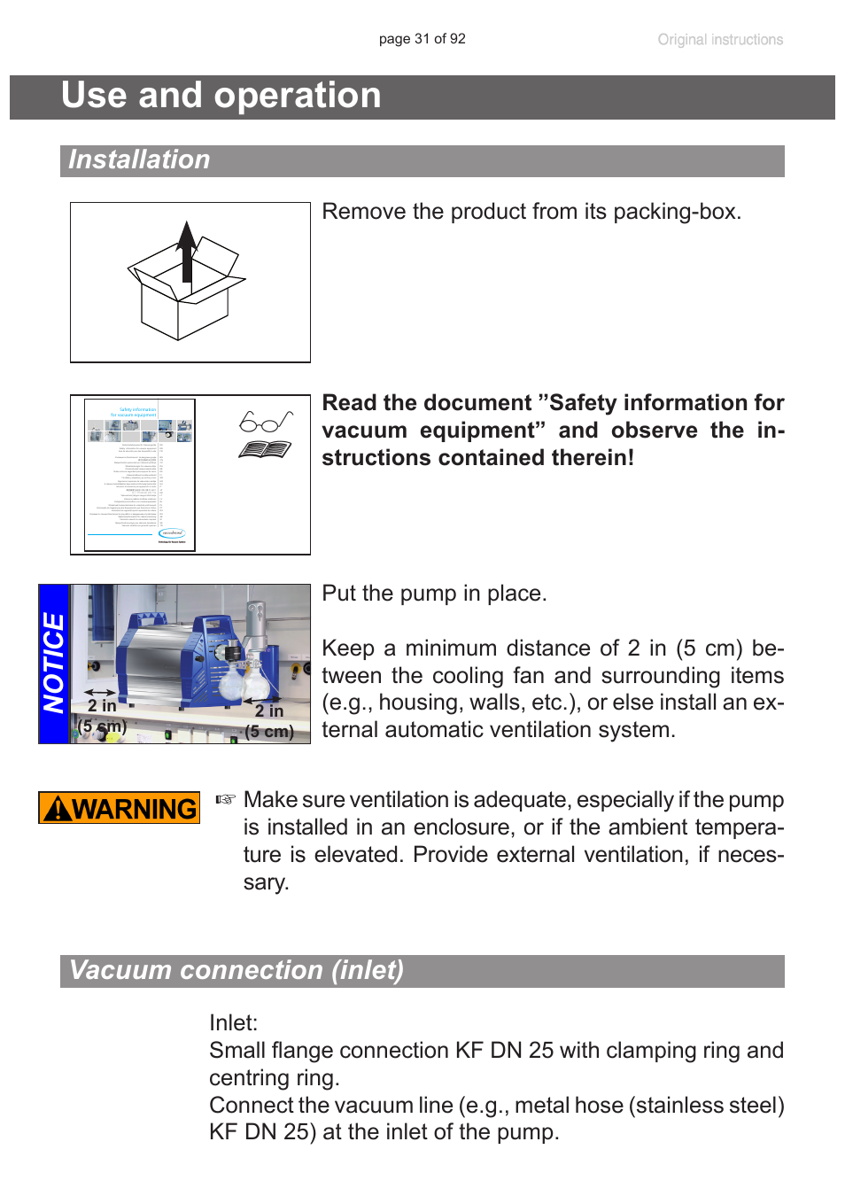Use and operation, Installation, Vacuum connection (inlet) | Notice vacuum connection (inlet), 2 in (5 cm) 2 in (5 cm) | VACUUBRAND MV 10C NT + EK User Manual | Page 31 / 92