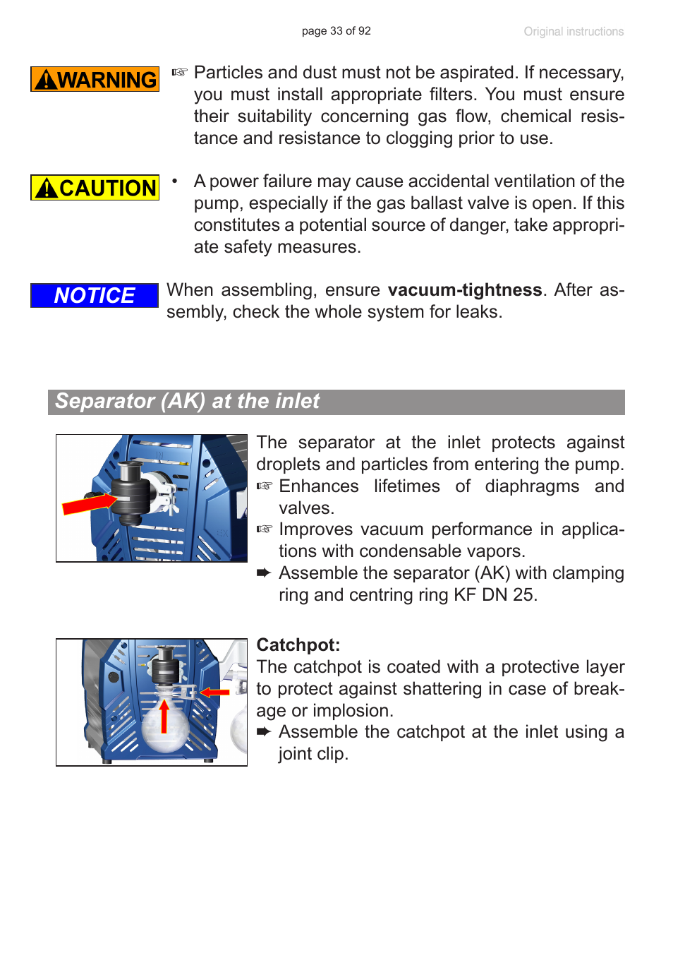 Separator (ak) at the inlet, Notice separator (ak) at the inlet | VACUUBRAND MV 10C NT + EK User Manual | Page 33 / 92