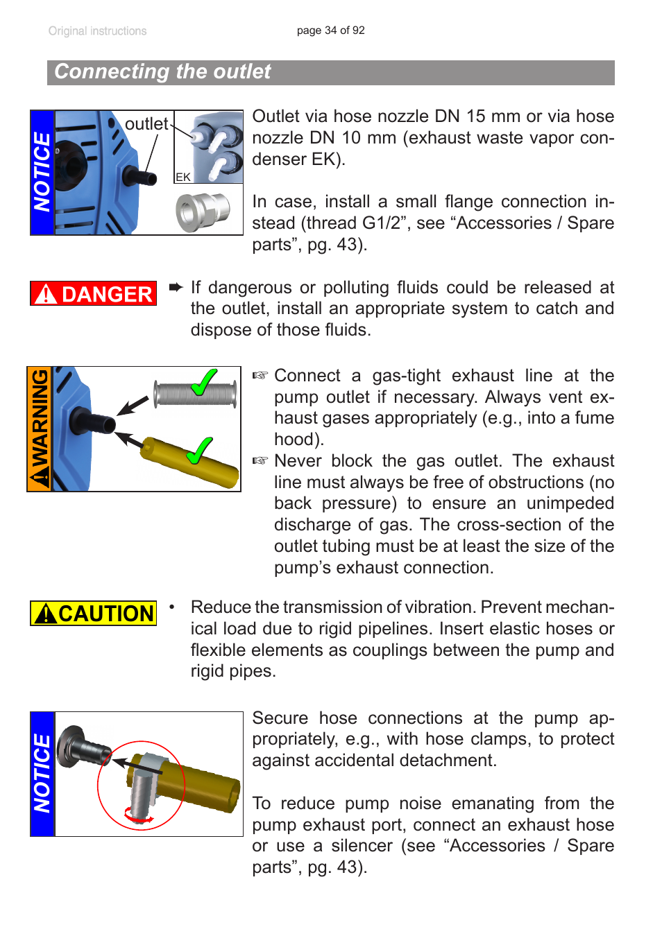 Connecting the outlet, Connecting the outlet notice, Notice | VACUUBRAND MV 10C NT + EK User Manual | Page 34 / 92