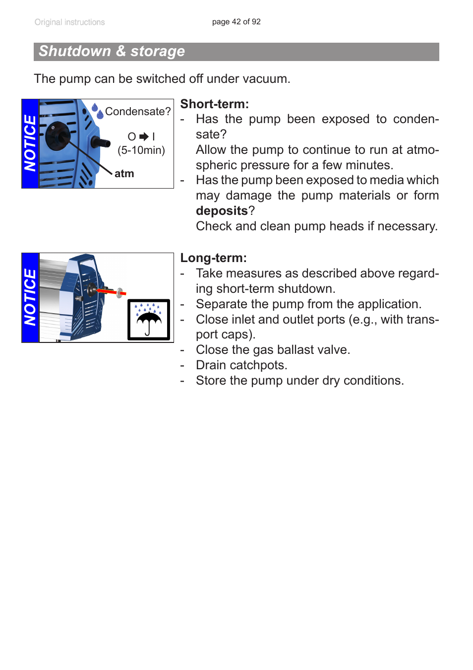 Shutdown & storage, Notice | VACUUBRAND MV 10C NT + EK User Manual | Page 42 / 92