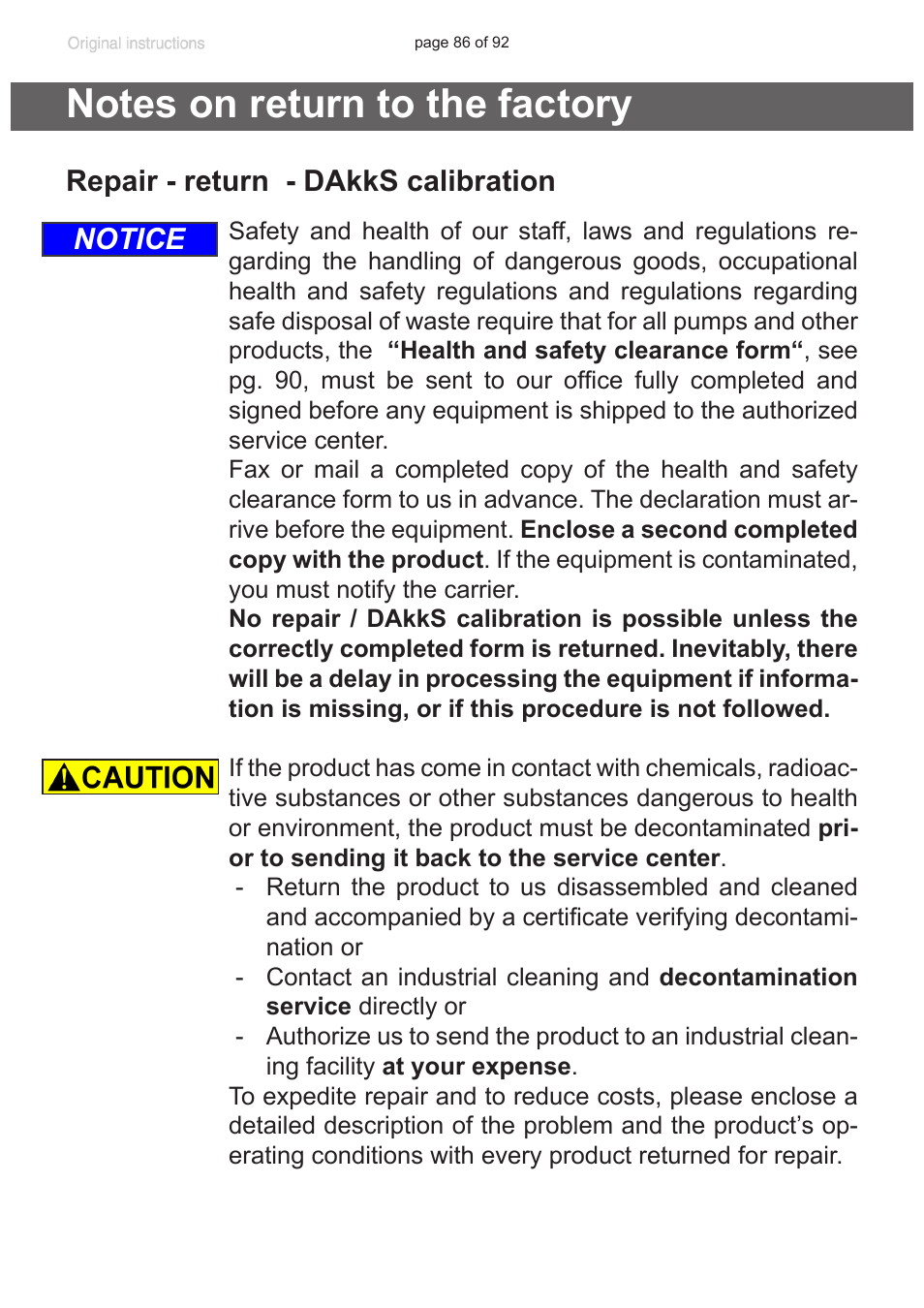 Notes on return to the factory, Repair - return - dakks calibration, Notice | VACUUBRAND MV 10C NT + EK User Manual | Page 86 / 92