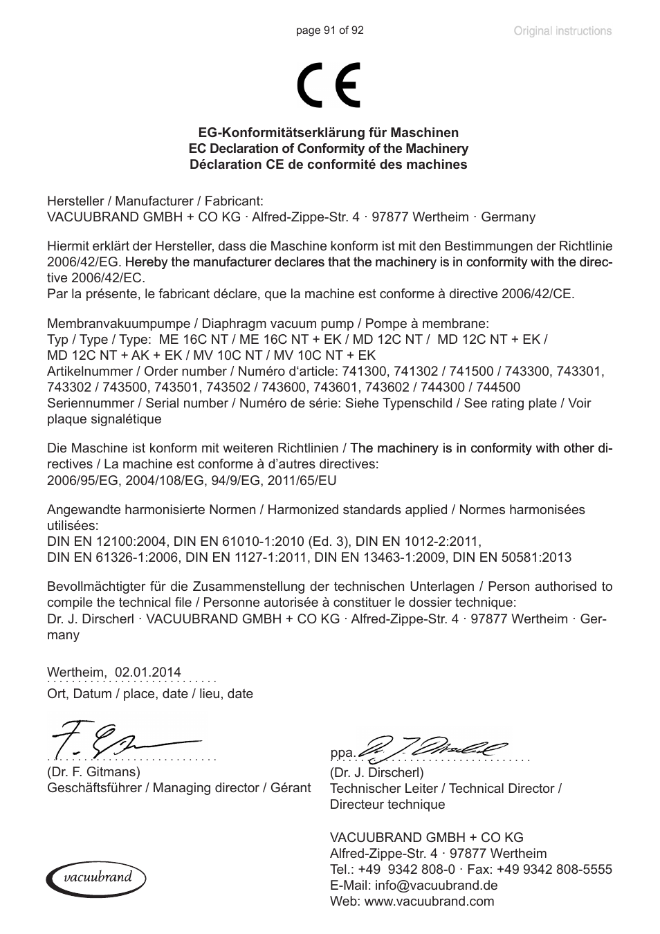 Ec declaration of conformity of the machinery | VACUUBRAND MV 10C NT + EK User Manual | Page 91 / 92