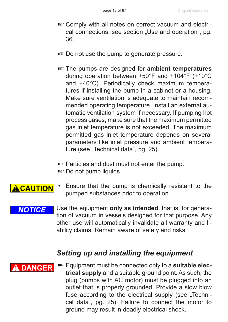 Setting up and installing the equipment, Notice | VACUUBRAND MD 1C VARIO-SP User Manual | Page 13 / 87