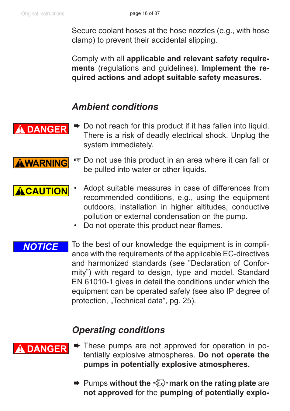 Ambient conditions, Operating conditions, Notice | VACUUBRAND MD 1C VARIO-SP User Manual | Page 16 / 87