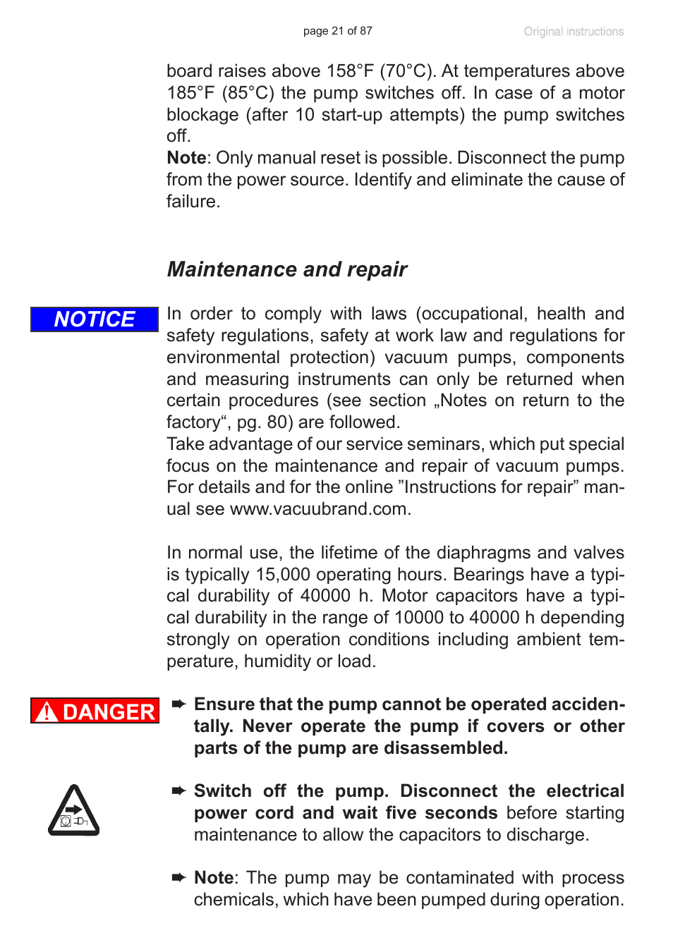 Maintenance and repair, Notice | VACUUBRAND MD 1C VARIO-SP User Manual | Page 21 / 87