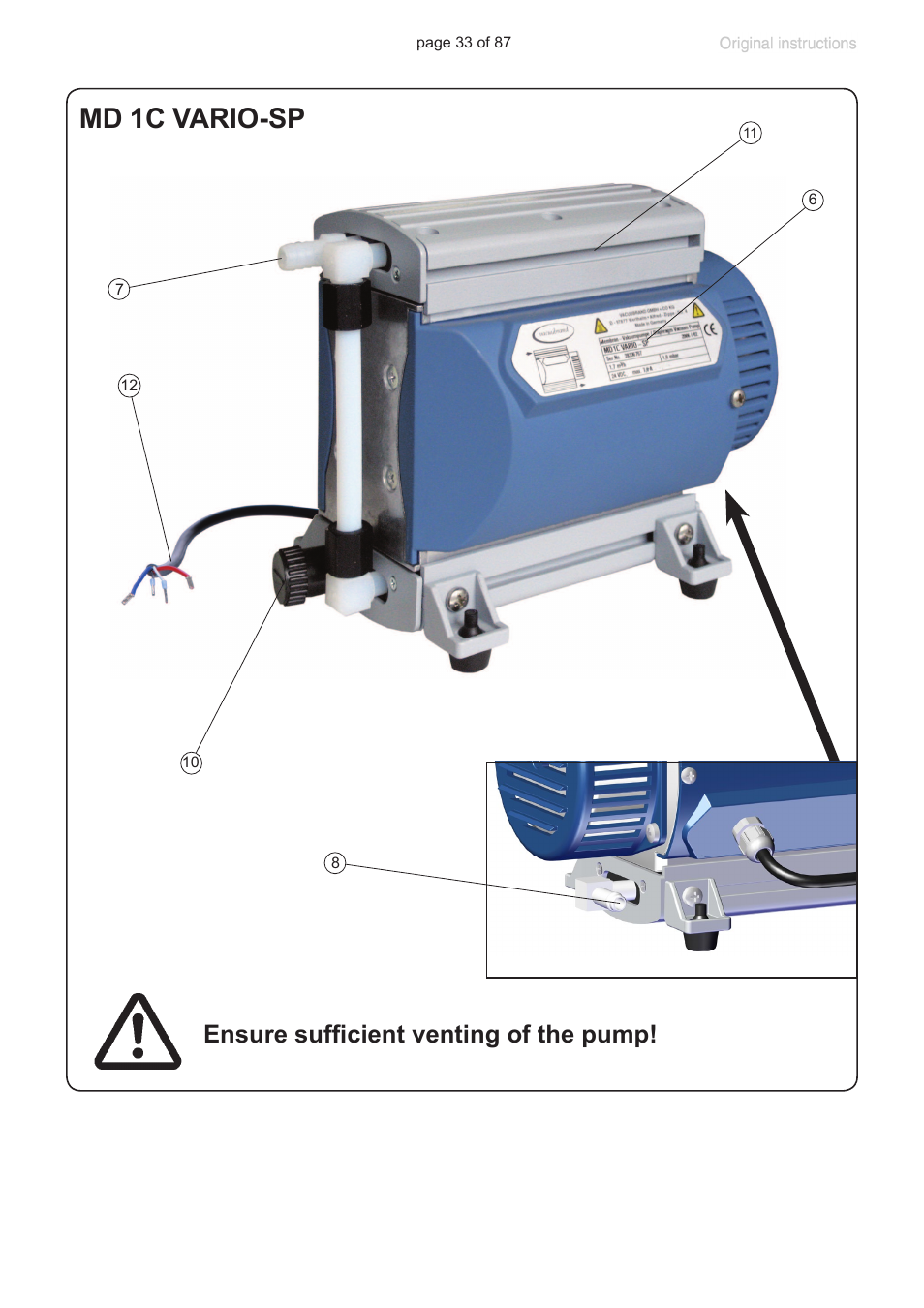 Md 1c vario-sp, Ensure sufficient venting of the pump | VACUUBRAND MD 1C VARIO-SP User Manual | Page 33 / 87