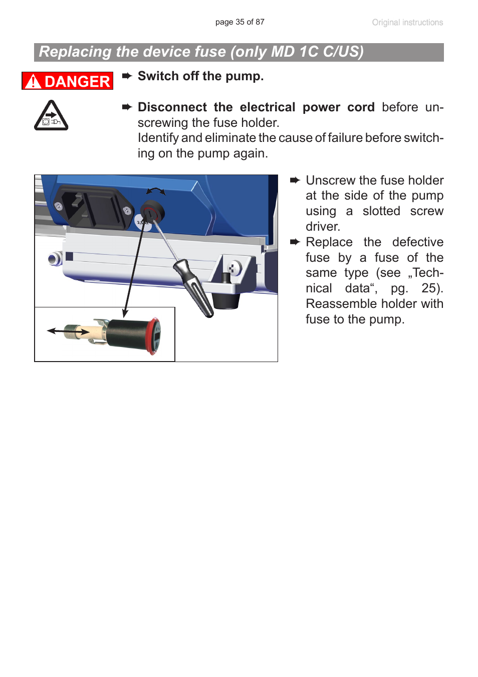 Replacing the device fuse (only md 1c c/us) | VACUUBRAND MD 1C VARIO-SP User Manual | Page 35 / 87