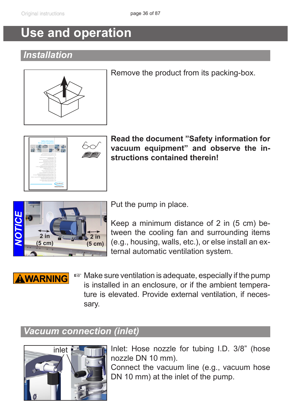 Use and operation, Installation, Vacuum connection (inlet) | Ctions; see section „use and operation“, pg, Notice vacuum connection (inlet), 2 in (5 cm) 2 in (5 cm) | VACUUBRAND MD 1C VARIO-SP User Manual | Page 36 / 87