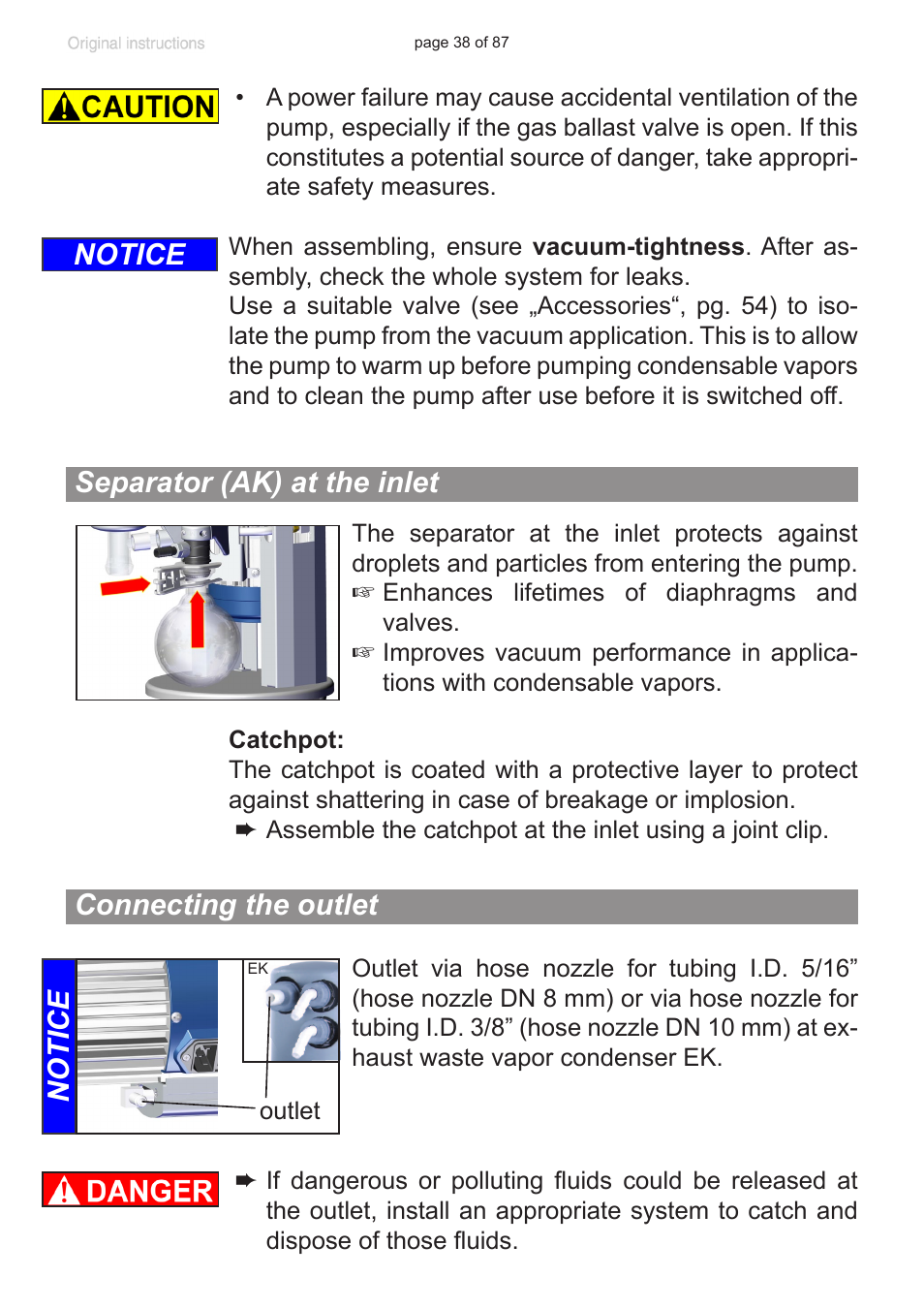 Separator (ak) at the inlet, Connecting the outlet, Notice separator (ak) at the inlet | Connecting the outlet notice | VACUUBRAND MD 1C VARIO-SP User Manual | Page 38 / 87