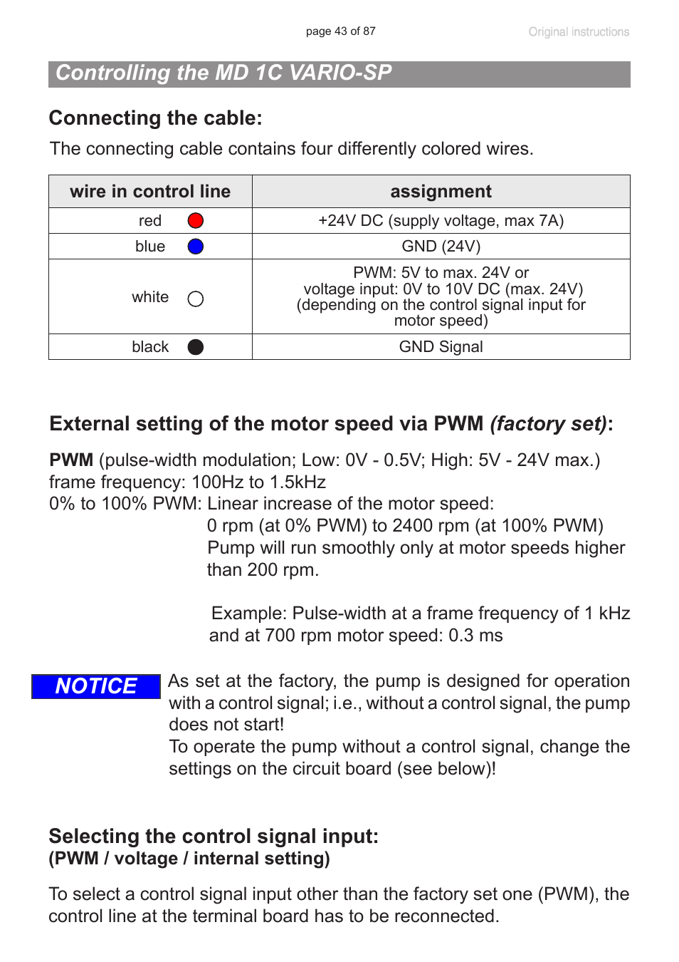 Controlling the md 1c vario-sp, Notice, Connecting the cable | Selecting the control signal input | VACUUBRAND MD 1C VARIO-SP User Manual | Page 43 / 87