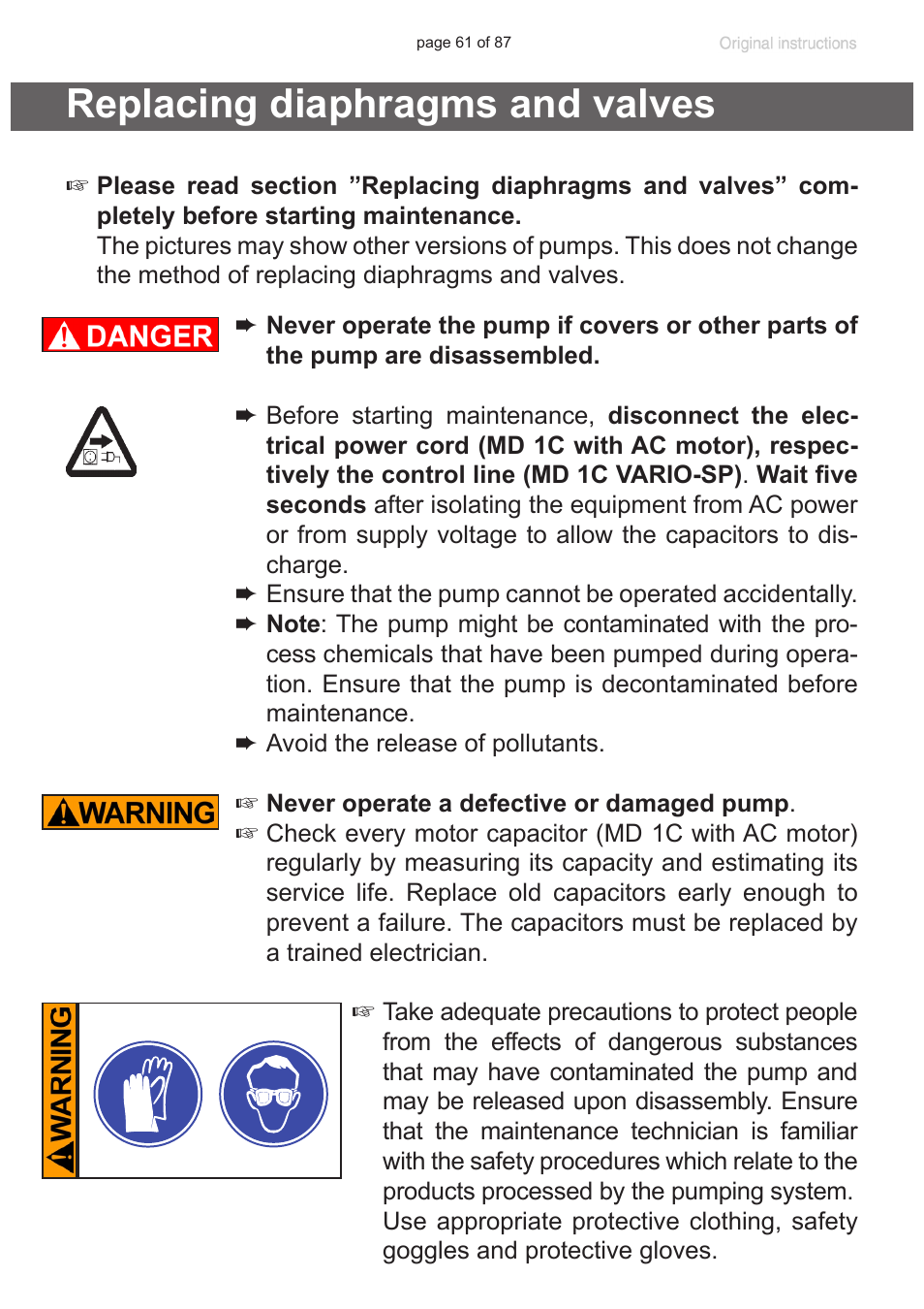 Replacing diaphragms and valves, See section „re, Placing diaphragms and valves“, pg. 61) | VACUUBRAND MD 1C VARIO-SP User Manual | Page 61 / 87