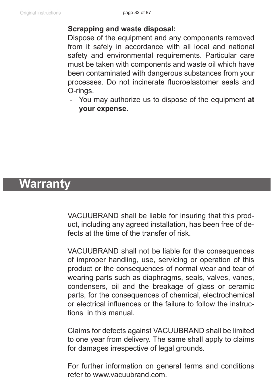 Warranty | VACUUBRAND MD 1C VARIO-SP User Manual | Page 82 / 87