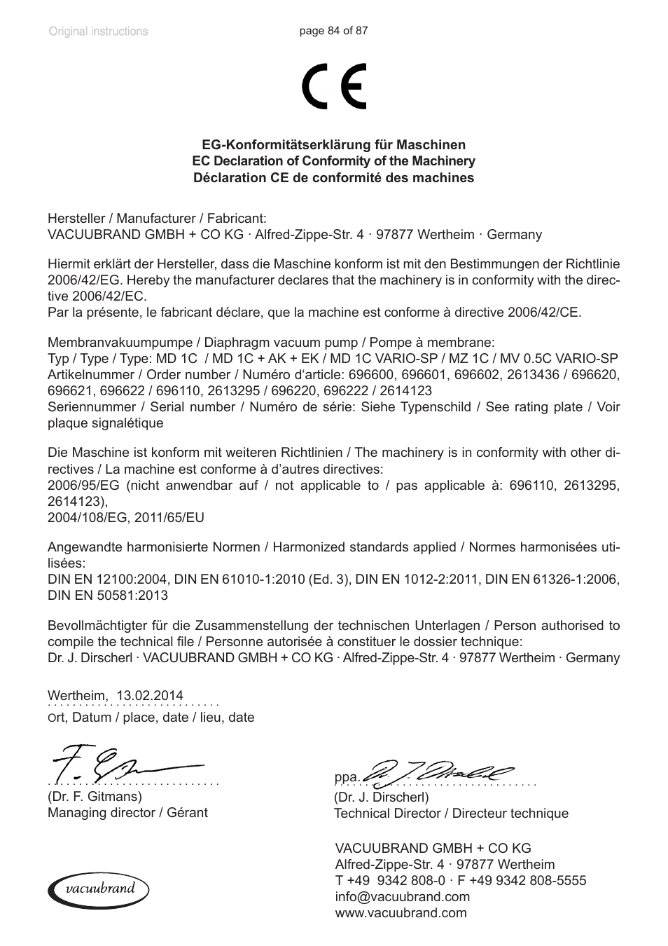 Ec declaration of conformity of the machinery | VACUUBRAND MD 1C VARIO-SP User Manual | Page 84 / 87