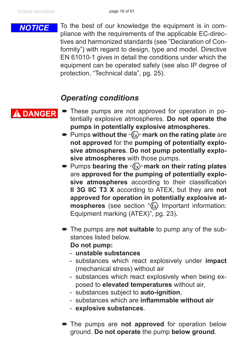 Operating conditions, Notice | VACUUBRAND MZ 2S NT User Manual | Page 16 / 91