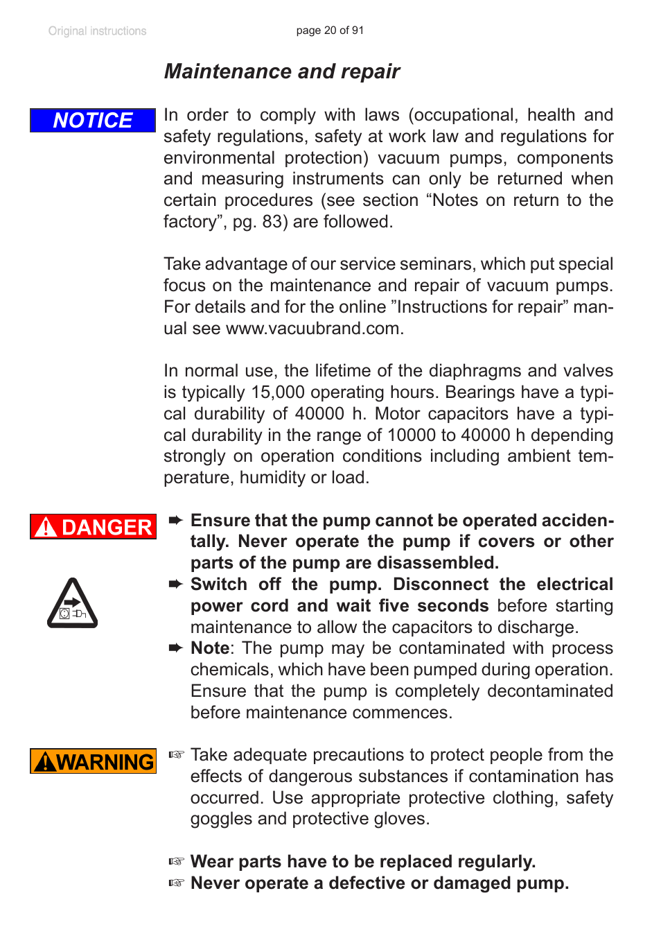 Maintenance and repair, Notice | VACUUBRAND MZ 2S NT User Manual | Page 20 / 91