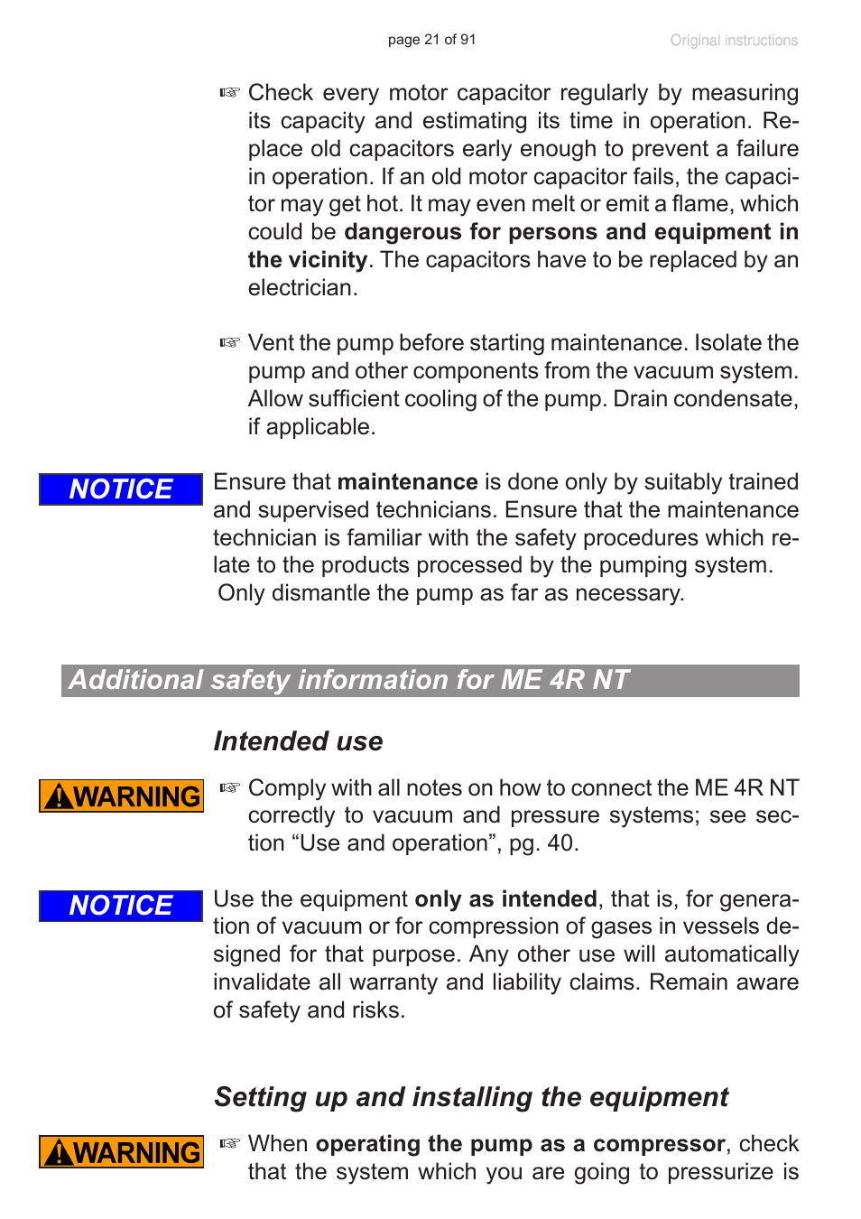 Additional safety information for me 4r nt, Setting up and installing the equipment, Notice | VACUUBRAND MZ 2S NT User Manual | Page 21 / 91