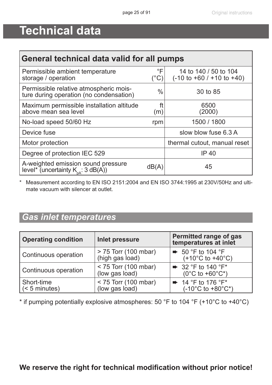 Technical data, General technical data valid for all pumps, Gas inlet temperatures | Conditions (see also “technical data”, pg. 25), Protection, “technical data”, pg. 25), Substances, see section “technical data”, pg. 25 | VACUUBRAND MZ 2S NT User Manual | Page 25 / 91