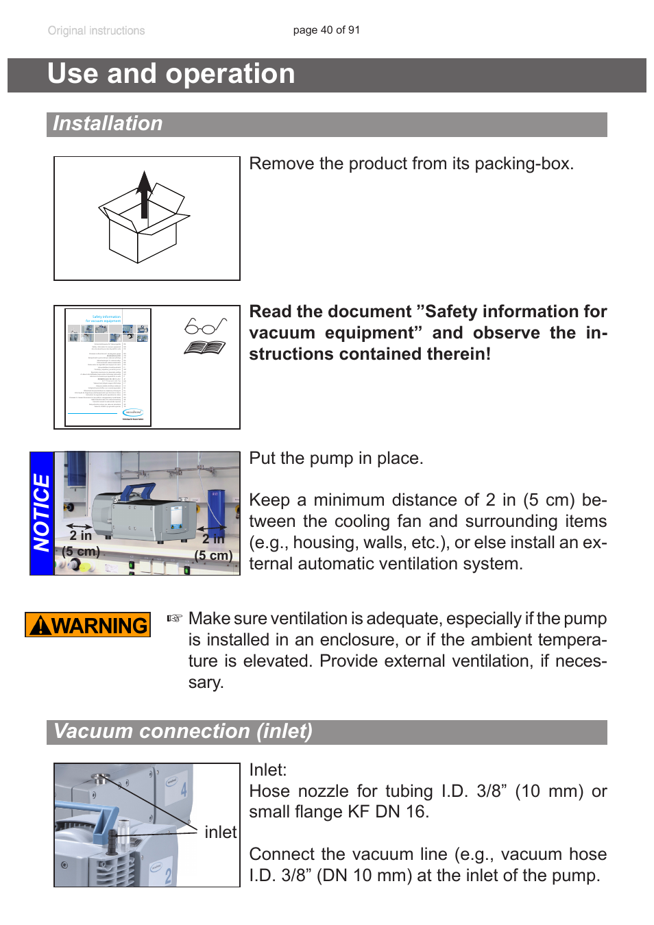 Use and operation, Installation, Vacuum connection (inlet) | Ctions; see section “use and operation”, pg, Notice, 2 in (5 cm) 2 in (5 cm) | VACUUBRAND MZ 2S NT User Manual | Page 40 / 91