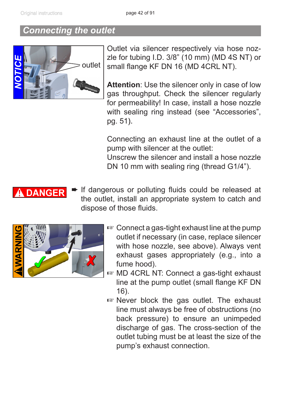 Connecting the outlet, Notice | VACUUBRAND MZ 2S NT User Manual | Page 42 / 91