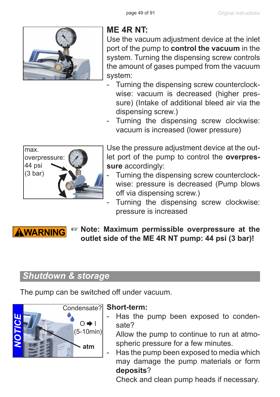 Shutdown & storage, Notice, Me 4r nt | VACUUBRAND MZ 2S NT User Manual | Page 49 / 91