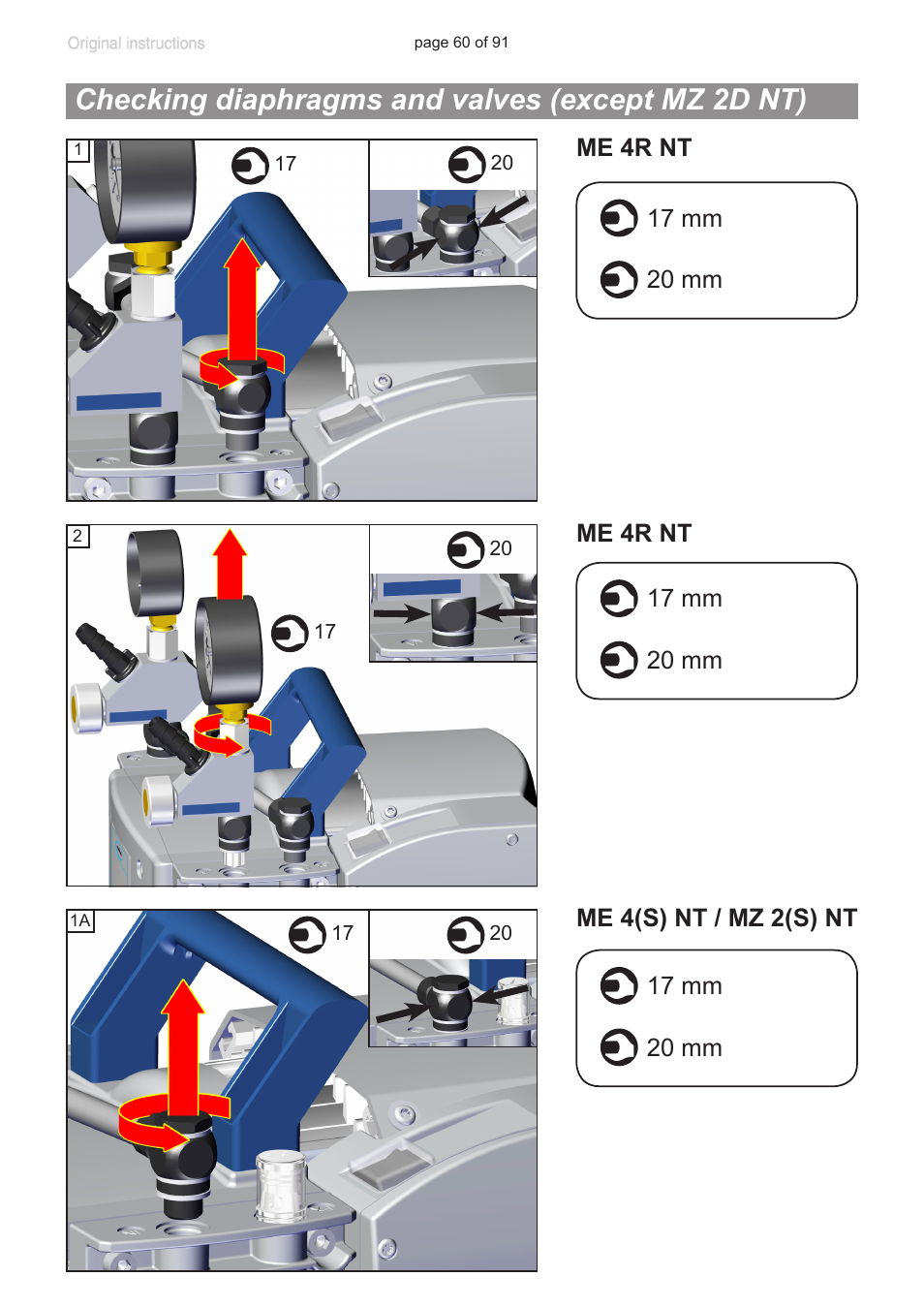 Checking diaphragms and valves (except mz 2d nt) | VACUUBRAND MZ 2S NT User Manual | Page 60 / 91