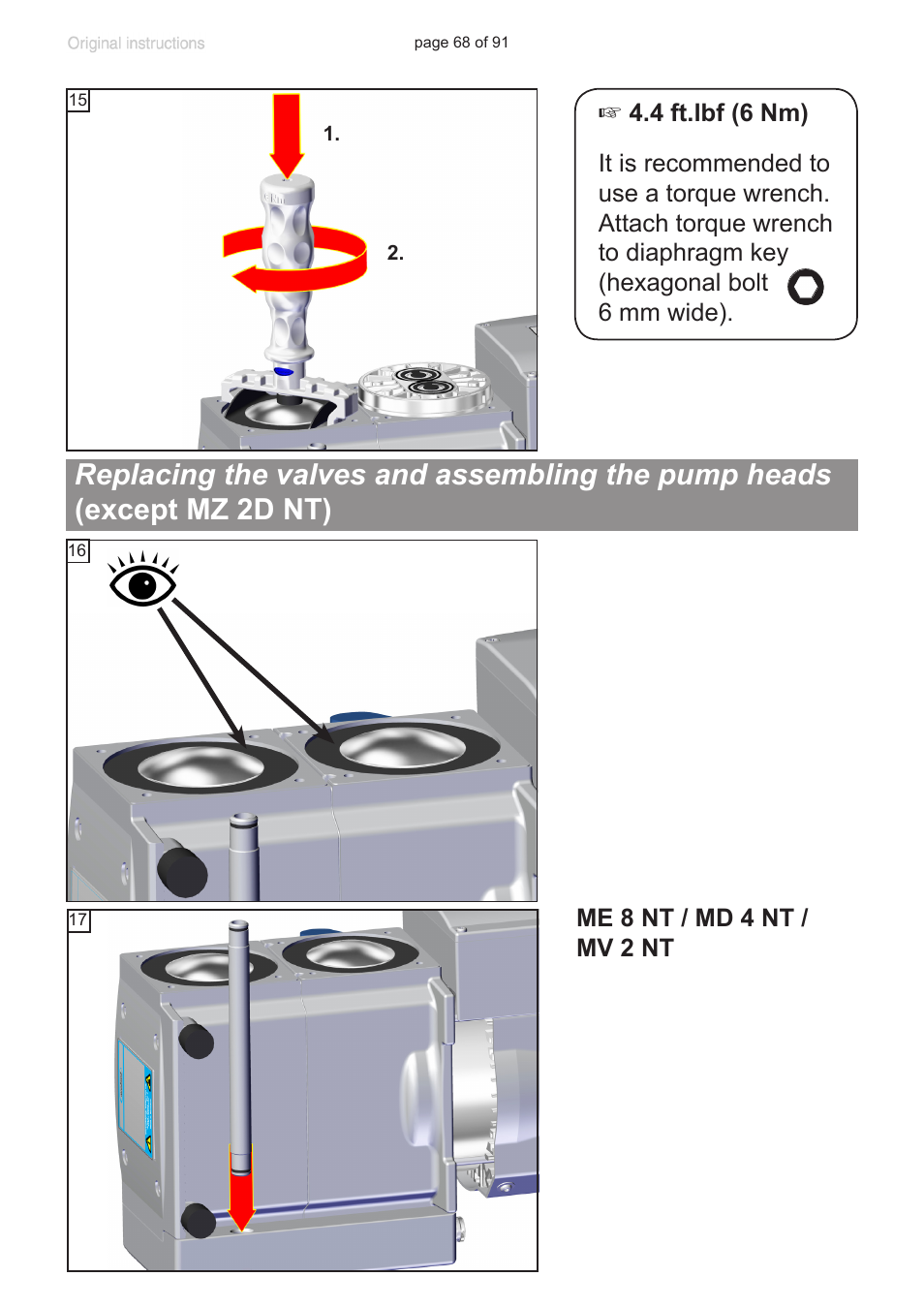 Replacing the valves and assembling the pump heads, Except mz 2d nt) | VACUUBRAND MZ 2S NT User Manual | Page 68 / 91