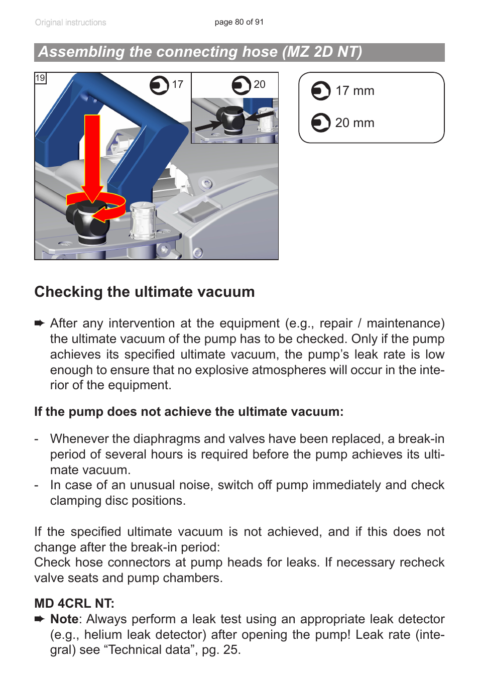 Assembling the connecting hose (mz 2d nt), Checking the ultimate vacuum | VACUUBRAND MZ 2S NT User Manual | Page 80 / 91
