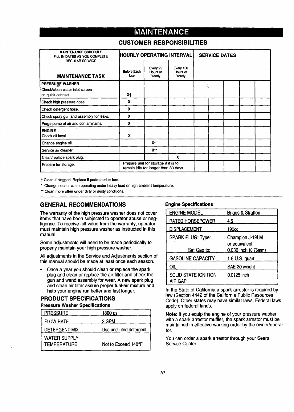 Customer responsibilities, General recommendations, Maintenance | Product specifications | Craftsman 580.761800 User Manual | Page 10 / 28