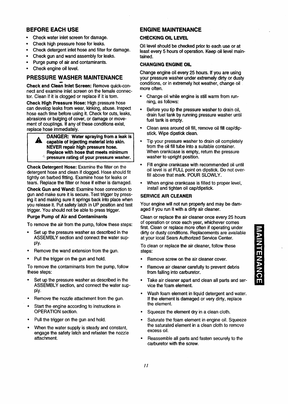 Before each use, Pressure washer maintenance, Engine maintenance | Craftsman 580.761800 User Manual | Page 11 / 28
