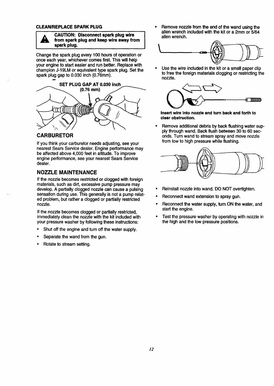 Clean/replace spark plug, Nozzle maintenance | Craftsman 580.761800 User Manual | Page 12 / 28