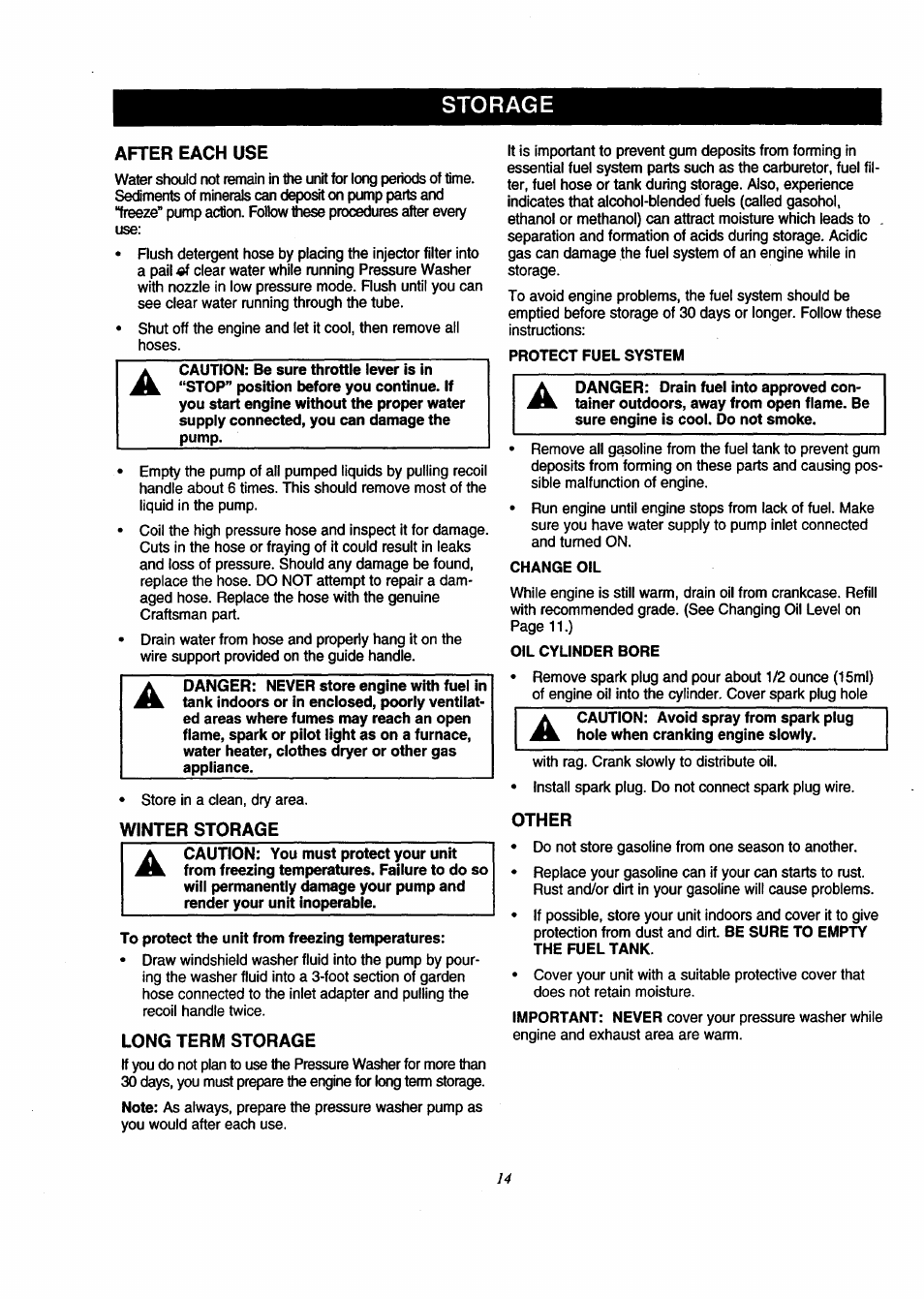 Storage, After each use, Winter storage | Long term storage, Other | Craftsman 580.761800 User Manual | Page 14 / 28