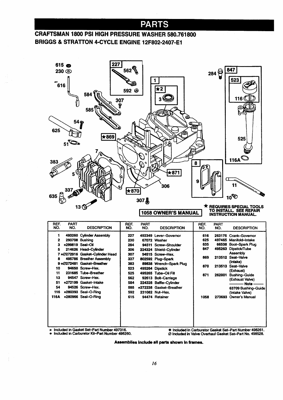 615 o, 230 cs5, 11058 owner’s manual i ffstfsicnomwai | Parts, I ffstfsicnomwai | Craftsman 580.761800 User Manual | Page 16 / 28