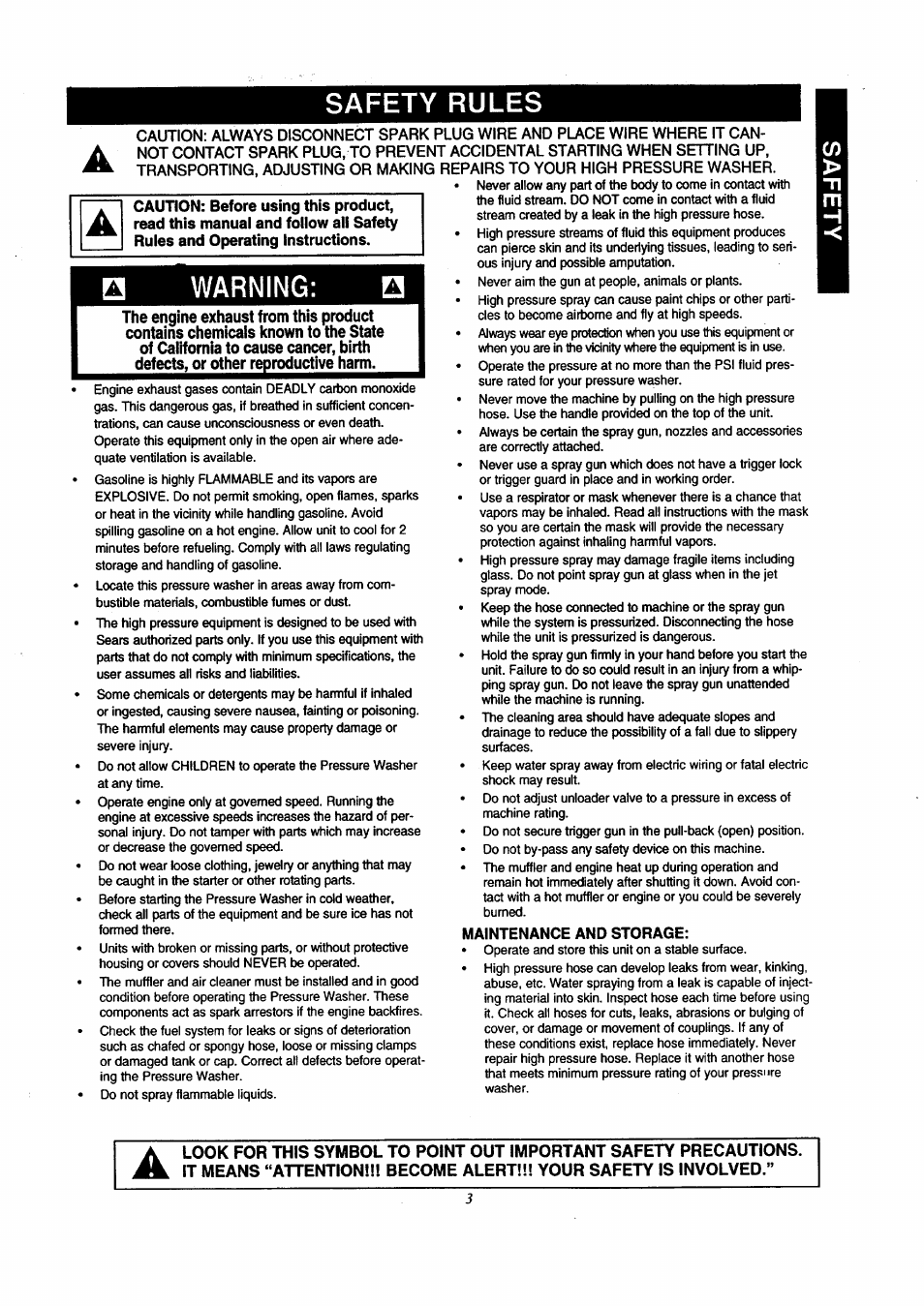 Maintenance and storage, Safety rules, Warning | Craftsman 580.761800 User Manual | Page 3 / 28