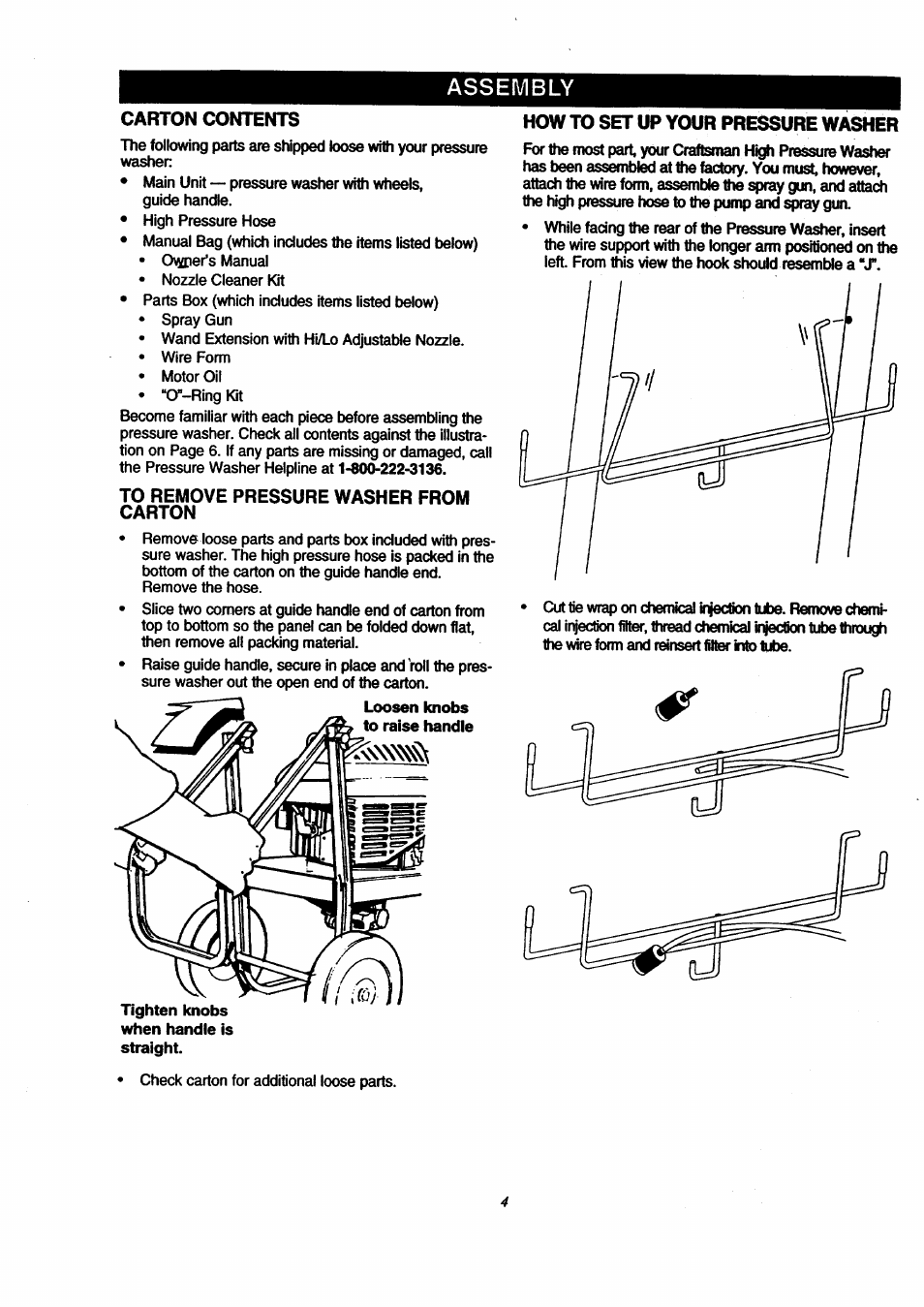 Assembly, To remove pressure washer from carton | Craftsman 580.761800 User Manual | Page 4 / 28