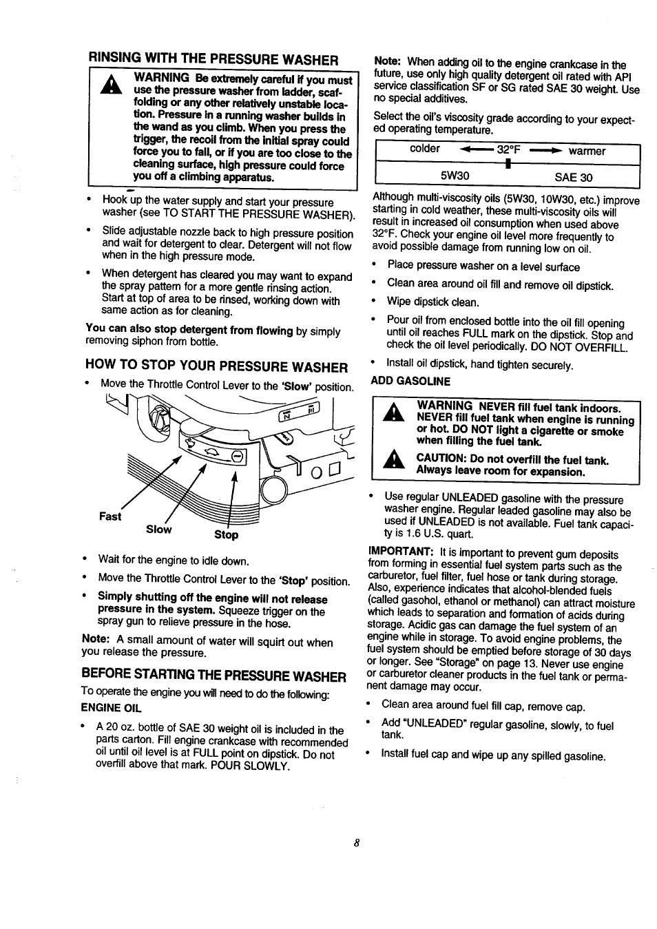 Rinsing with the pressure washer, How to stop your pressure washer, Before starting the pressure washer | Add gasoline | Craftsman 580.761800 User Manual | Page 8 / 28