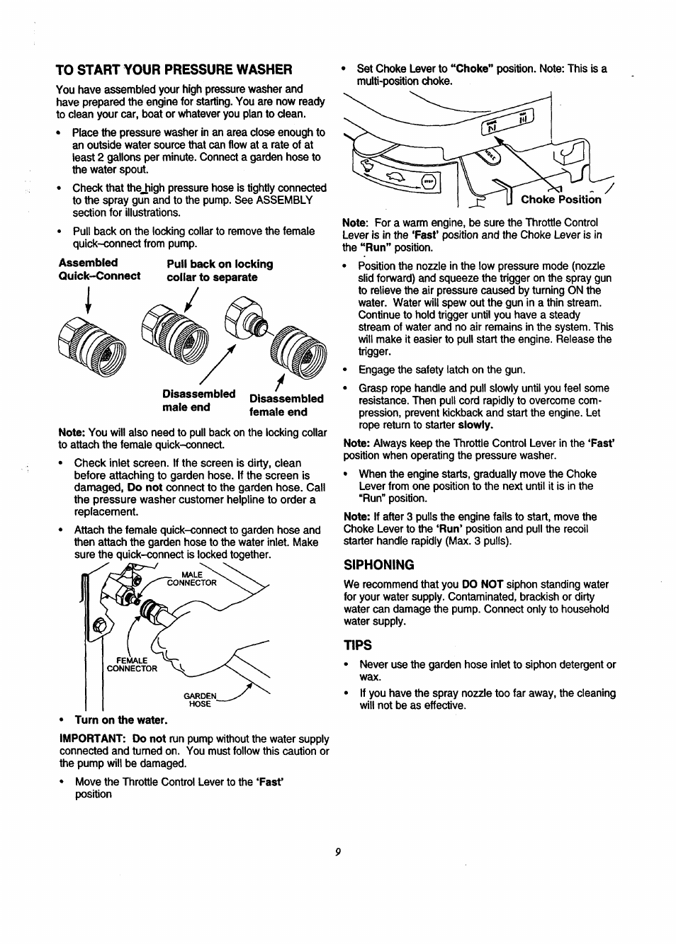 Assembled, Siphoning, Tips | Craftsman 580.761800 User Manual | Page 9 / 28
