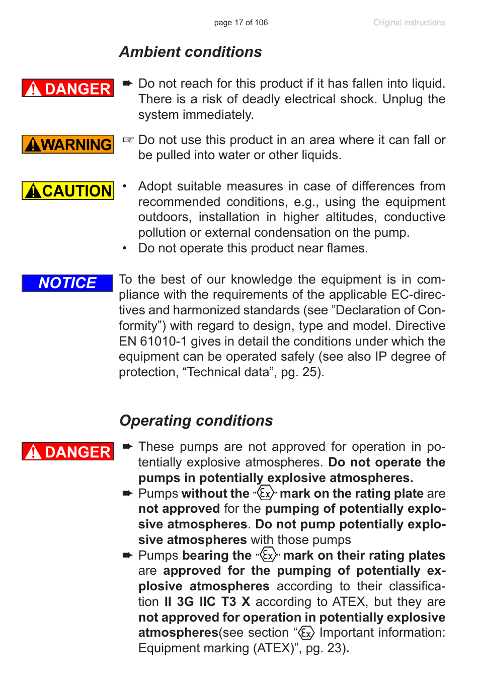 Ambient conditions, Operating conditions, Notice | VACUUBRAND MV 2 NT VARIO User Manual | Page 17 / 106