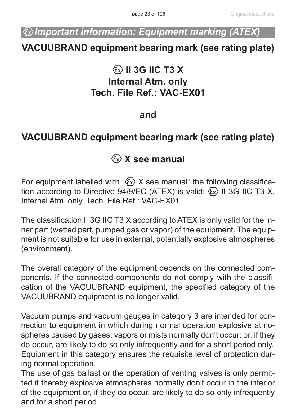 Important information: equipment marking (atex), Section, Important information | Equipment marking (atex)”, pg. 23) | VACUUBRAND MV 2 NT VARIO User Manual | Page 23 / 106