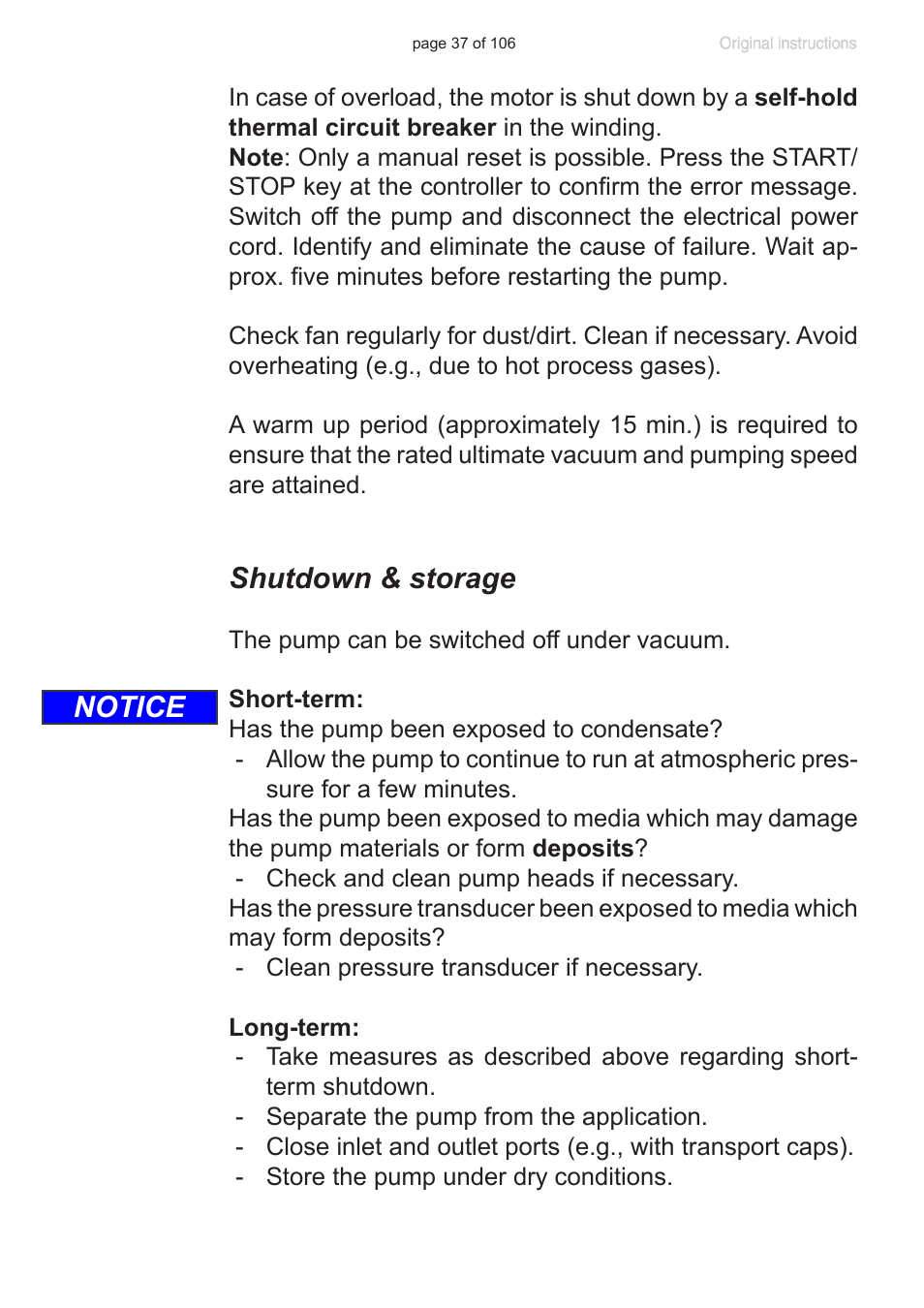 Shutdown & storage, Notice | VACUUBRAND MV 2 NT VARIO User Manual | Page 37 / 106