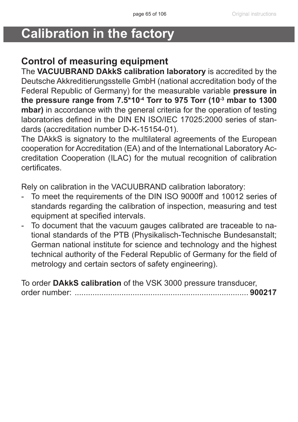 Calibration in the factory, Control of measuring equipment | VACUUBRAND MV 2 NT VARIO User Manual | Page 65 / 106