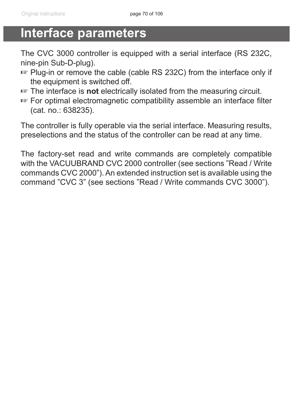 Interface parameters | VACUUBRAND MV 2 NT VARIO User Manual | Page 70 / 106