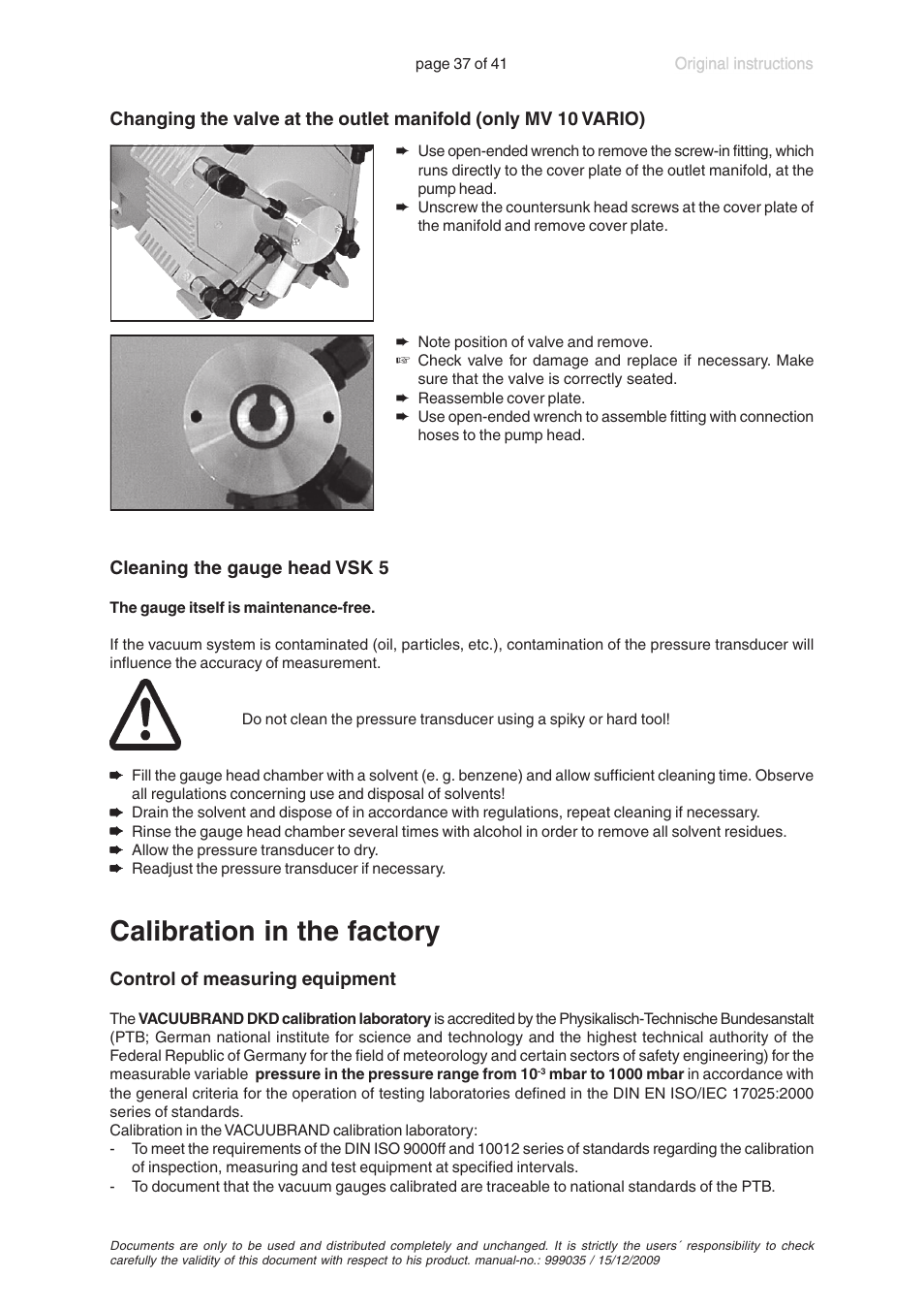 Calibration in the factory | VACUUBRAND MV 2 VARIO User Manual | Page 37 / 41