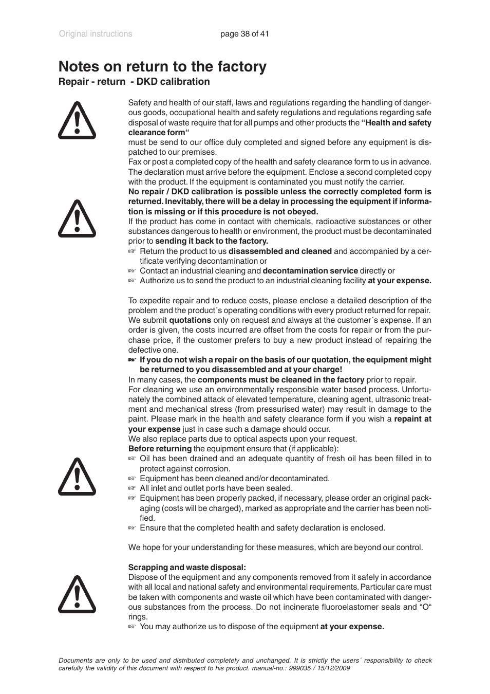 Notes on return to the factory | VACUUBRAND MV 2 VARIO User Manual | Page 38 / 41