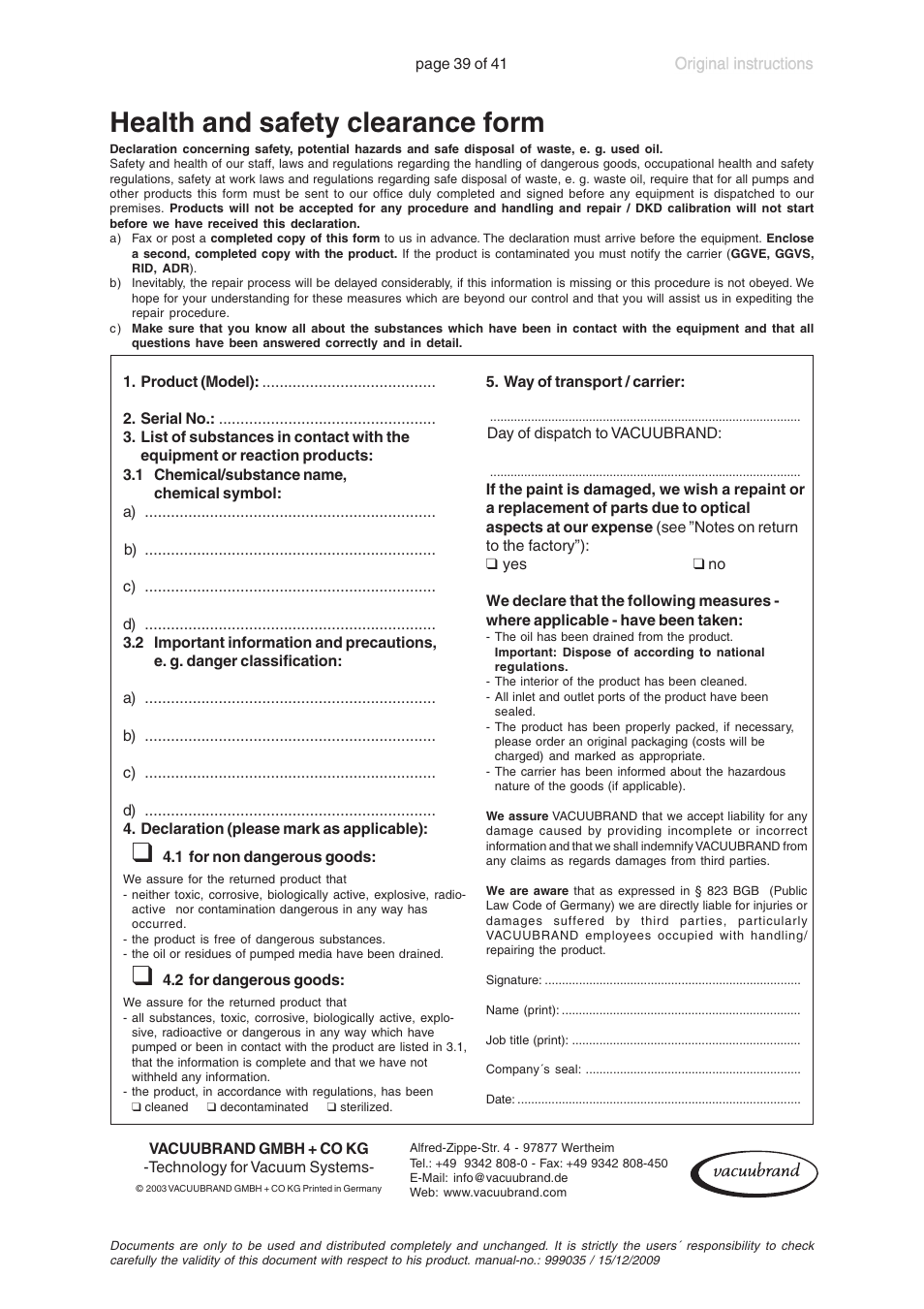 Health and safety clearance form | VACUUBRAND MV 2 VARIO User Manual | Page 39 / 41