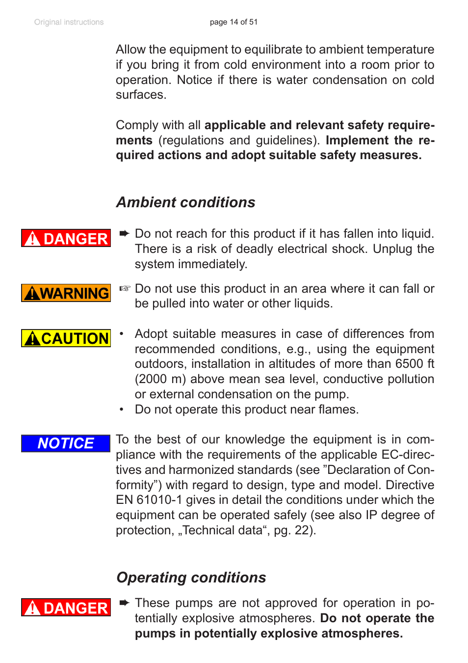 Ambient conditions, Operating conditions, Notice | VACUUBRAND MZ 2 VARIO-SP User Manual | Page 14 / 51